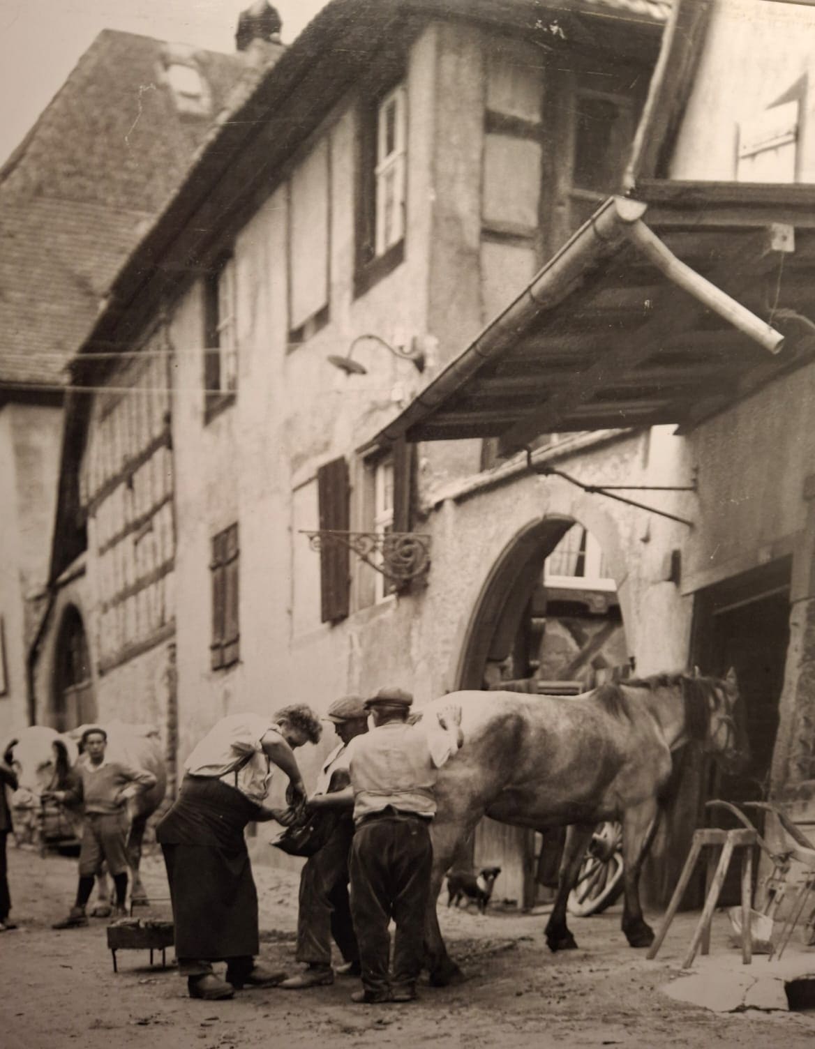 Archivfoto des Fachwerkhauses und der Dorfstraße mit einem Hufschmied, der ein Pferd beschlägt